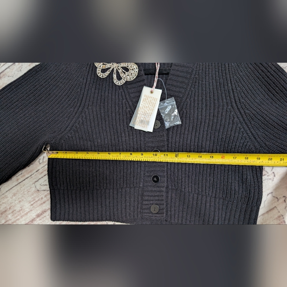 LoveShackFancy Black Ribbed Cardigan with Floral Bow - Picture 9 of 10